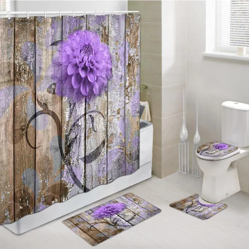 Vista 39 de JAWO Alfombra de baño con flores de granja, dalia en tablones de madera rústica, juego de tapetes de baño con flores azules, en forma de U