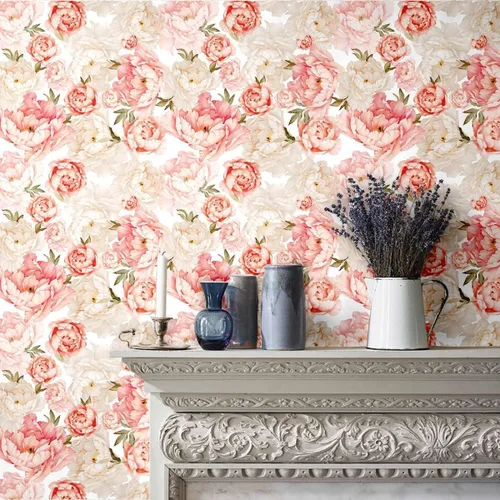Vista 4 de Blooming Wall PS040 - Papel pintado autoadhesivo autoadhesivo de peonía fresca y rosa extraíble para despegar y pegar
