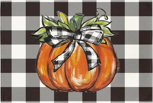 Vista 10 de Artoid Mode Juego de 4 manteles individuales de otoño con diseño de calabaza a cuadros de búfalo de 12 x 18 pulgadas para decoración de fiestas