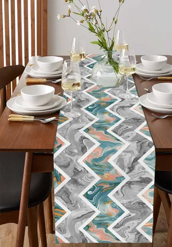 Vista 4 de Zigzi - Bufandas de mesa azules, textura de mármol a rayas grises de Zigzi, camino de mesa de comedor, decoración de mesa rectangular lavable
