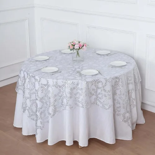 Vista 3 de Efavormart - Superposición de mesa de tul bordado de hojas de lentejuelas plateadas de 72 x 72 pulgadas, mantel cuadrado transparente Plateado