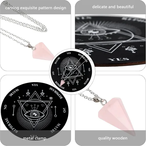 Vista 4 de Jetec Juego de tablero de péndulo de madera para radiestesia, mensaje metafísico con collar de péndulo de divinidad de cristal para suministros