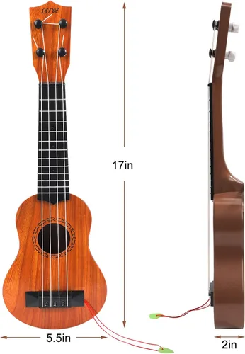 Vista 6 de Raimy Guitarra ukelele de 17 pulgadas para niños, 4 cuerdas, mini guitarra para niños, instrumentos musicales, juguetes educativos con púas