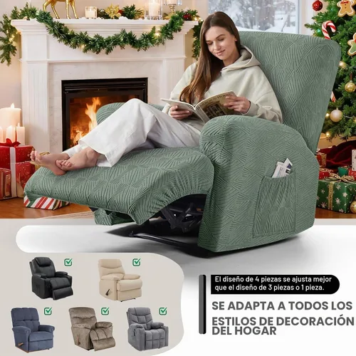 Vista 5 de VANSOFY - Fundas elásticas para sillas reclinables, 4 piezas, color verde frijol Washable, 1 Seater, Jacquard Soft, Full Cover, Elastic Bottom