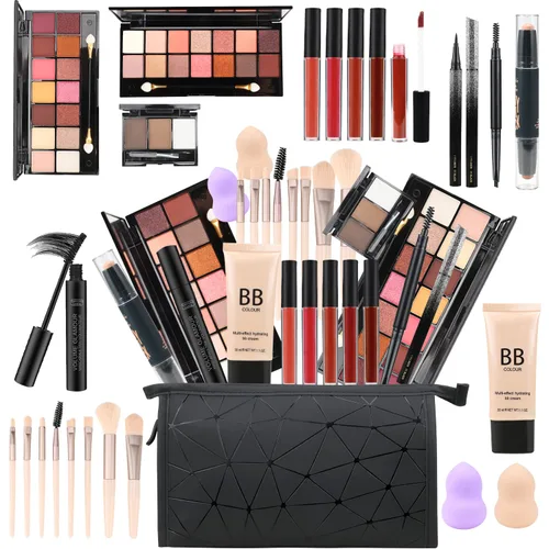 Vista 8 de Kit de maquillaje todo en uno, kit completo multiusos esencial con paleta de sombras de ojos, brillo de labios, base, rímel, lápiz de cejas