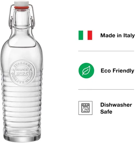 Vista 3 de Bormioli - Botella de agua Rocco Officina, 37.25 onzas, jarra de vidrio italiana, sello hermético y abrazadera de metal, asa fácil de transportar