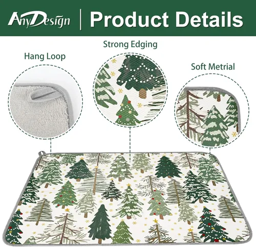 Vista 3 de AnyDesign Tapete para secar platos de Navidad. Árbol de Navidad absorbente. Protector de escurridor de platos. Tapete seco de bosque forestal.