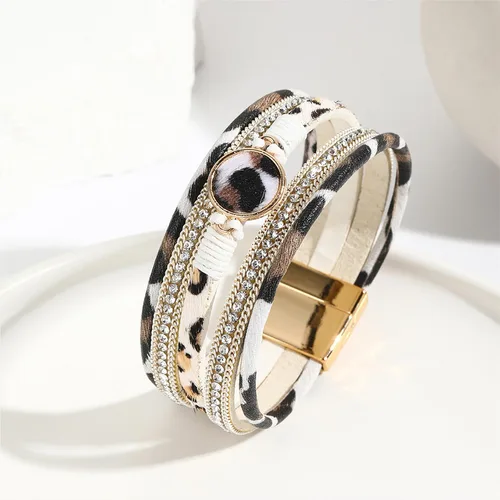 Vista 4 de Long tiantian Pulseras de cuero para mujer, de moda, multicapa, estilo bohemio, leopardo, joyería, cuentas de perlas, pulsera de cierre hecha a