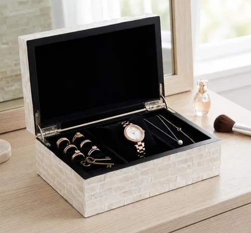 Vista 7 de PEMAR Caja de Joyería de Concha Capiz con Tapas Cofre del Tesoro Rectangular para Recuerdos, Caja de Almacenamiento Decorativa de Madera Nácar