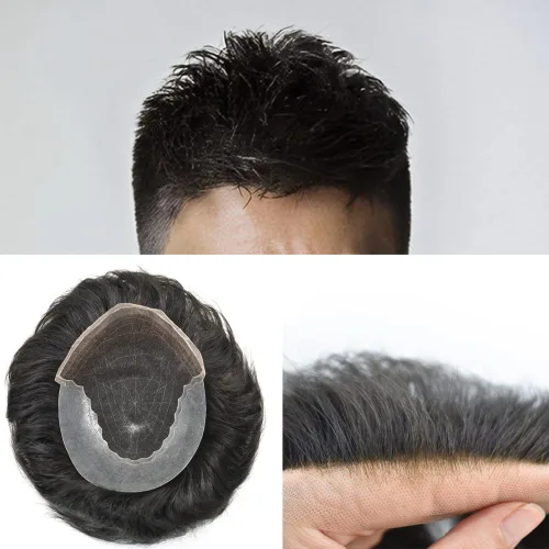 Vista 40 de Pieza de cabello para hombres suizo frente encaje frontal tupé europeo Remy sistema de reemplazo de cabello humano nudo blanqueado línea capilar