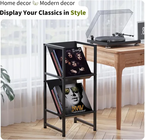 Vista 7 de Soporte de almacenamiento de discos de vinilo de metal negro de 2 niveles para colección Conceptual Design, Sturdy Black Metal Frame, 2-Tier