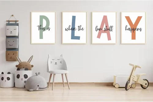Vista 6 de Arte de pared para sala de juegos para niños, decoración de pared para habitación de niños, impresión en lienzo para sala de juegos para bebés