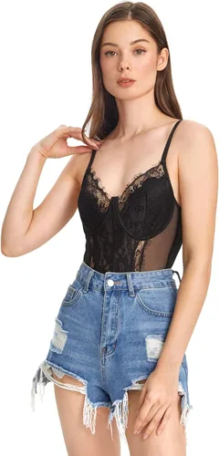 Vista 5 de SHENHE Body sin mangas de encaje floral con tirantes delgados, malla transparente para mujer