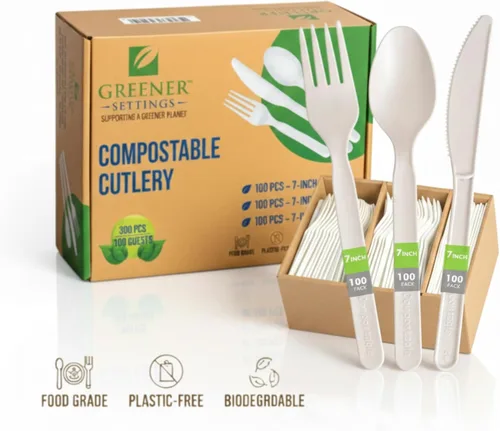 Vista 7 de Juego de cubiertos 100% compostables, 300 tenedores, cucharas y cuchillos desechables, utensilios resistentes a base de plantas de 7 pulgadas