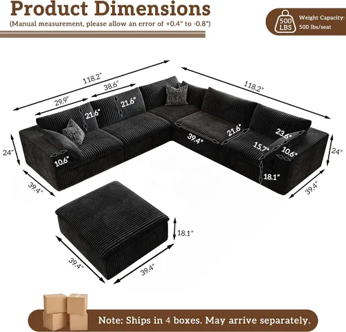 Vista 2 de 118" Cloud Couch Oversized Modular Sectional Sofa, Boneless L-Shaped 6 Seater Deep Seat Couch with Ottoman, Soft Corduroy Upholstery, DIY Negro