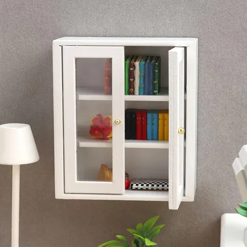 Vista 4 de Gabinete de pared para casa de muñecas 1:12, gabinete de cocina miniatura de madera para accesorios de casa de muñecas (blanco)