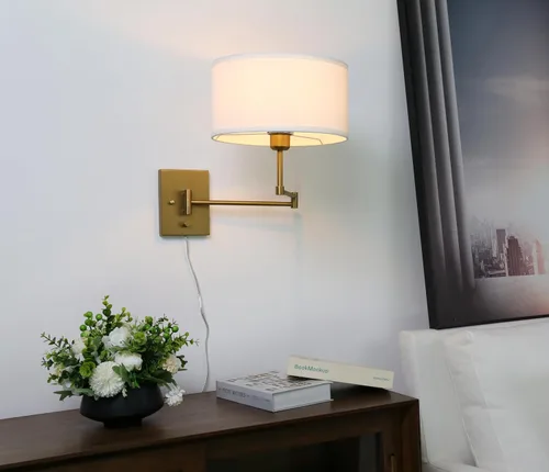 Vista 3 de Aplique de pared con cable enchufable de tela vintage, lámpara de pared con brazo oscilante para interiores con interruptor de encendido/apagado