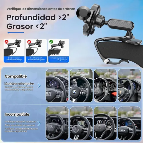 Vista 2 de Soporte de teléfono para automóvil, soporte de teléfono para salpicadero, rotación de 360 grados, diseño de clip multifuncional, soporte universal