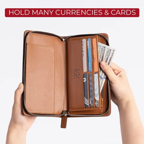 Vista 6 de SHINKO Cartera de cuero para mujer, tarjetero de cuero liso, cartera de mano para mujer, tarjetero de cuero con pulsera, Café mate, Versátil