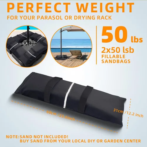 Vista 4 de Bolsas de arena para base de paraguas, 2 bolsas de arena rellenables de 50 libras para base de paraguas, sombrilla de patio voladizo, trampolín