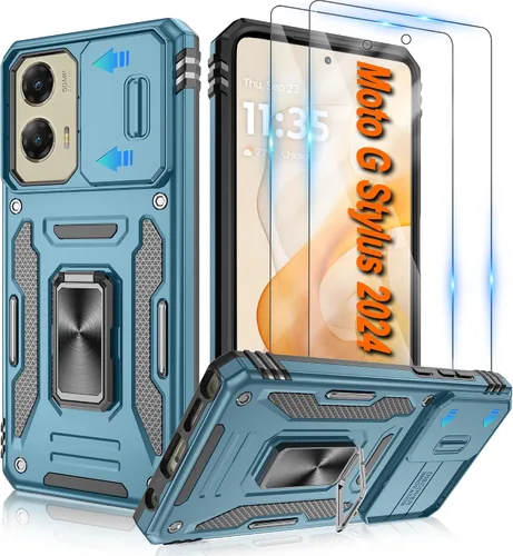 Vista 9 de Atump Funda para Motorola Moto G Play 2024 (4G) con [paquete de 2] protector de pantalla HD y cubierta para cámara deslizante, soporte de anillo