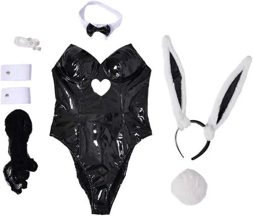 Vista 10 de Cosplay.fm Disfraz de conejito para mujer, traje de una pieza con tocado y accesorio de lazo