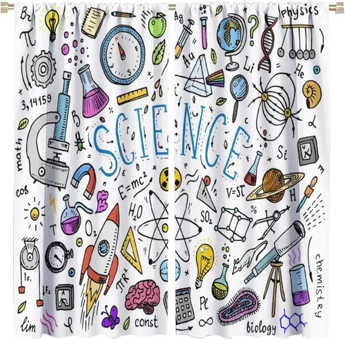 Vista 91 de Cortinas opacas para ventanas de ciencia para niños, lupa de libro de laboratorio de ciencia, lupa, frascos moleculares, cortinas impresas
