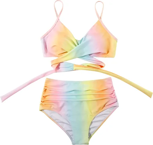 Vista 4 de Omkagi Bikini de cintura alta, para mujer, con realce en el busto, dos piezas, estilo de banda envolvente