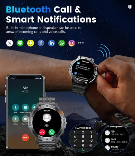 Vista 4 de LIGE - Reloj inteligente AMOLED de 1.43" para hombres con linterna, Bluetooth, llamadas, más de 100 modos deportivos, 530mAh, resistente al agua