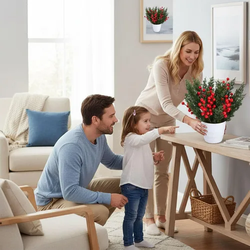Vista 4 de Decoraciones navideñas para el hogar, interiores, ramas de pino artificial de hoja perenne con tallos de bayas rojas para árboles de Navidad 50