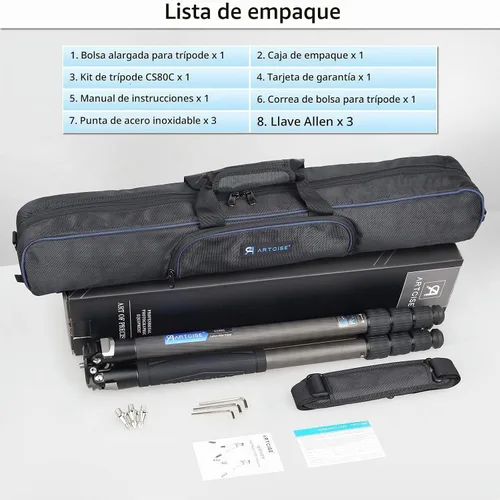 Vista 8 de ARTCISE Trípode de cámara de fibra de carbono - Trípode de viaje profesional resistente sin cabeza esférica, monopie para cámara réflex digital