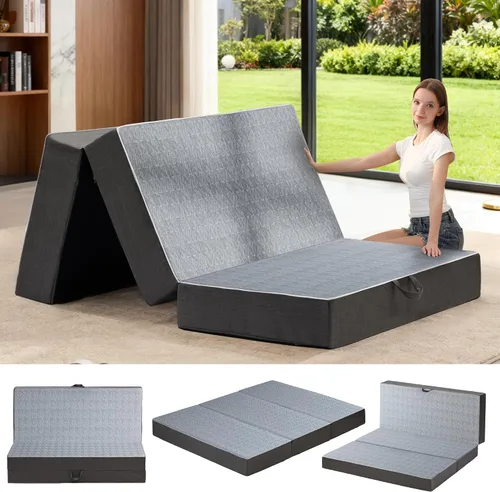 Vista 12 de Colchón triple plegable tamaño matrimonial – Colchón plegable de espuma viscoelástica de doble capa de 6 pulgadas, sofá cama portátil con funda