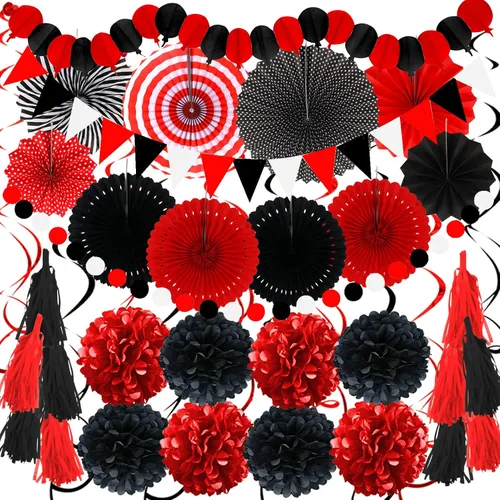 Vista 12 de ZERODECO Decoraciones de fiesta, 41 unidades, abanicos de Papar negros y dorados, guirnaldas, guirnaldas de papel de seda para graduación