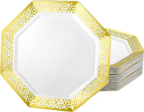 Vista 2 de Lillian Tablesettings Platos de plástico, 11 paquete de 10 platos de lacetágono, 11 pulgadas, blanco perla (34591)