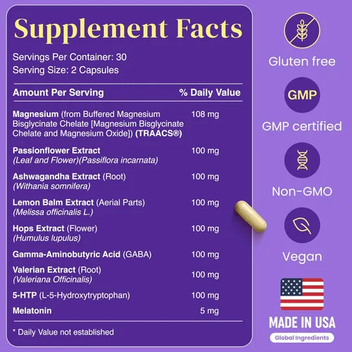 Vista 5 de Ayuda para dormir de melatonina 9 en 1 para adultos, fabricado en Estados Unidos, probado en laboratorio con melatonina 5 mg y 108 mg de magnesio