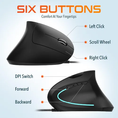 Vista 5 de Delton Ratón ergonómico con cable vertical S12, 6 botones, 3 niveles de DPI ajustables (800/1200/1600) y rueda de desplazamiento 3D, compatible