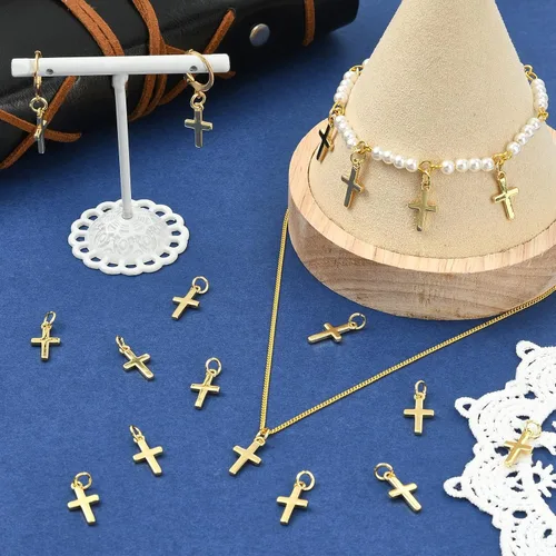 Vista 5 de Dijes de cruz para hacer joyas, chapado en oro real de 18 quilates, dijes de religión para pulseras, collares y aretes