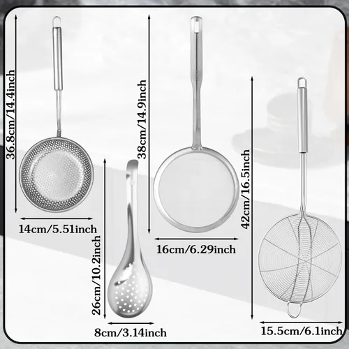 Vista 2 de Juego de 4 cucharas de colador de araña, colador de malla fina y cuchara espumadora de grasa, metal de acero inoxidable con coladores de alimentos