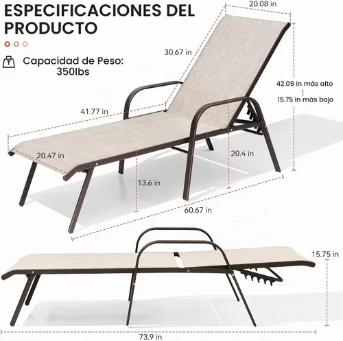 Vista 2 de Juego de 2 sillas de piscina para exteriores, con reposabrazos (beige)