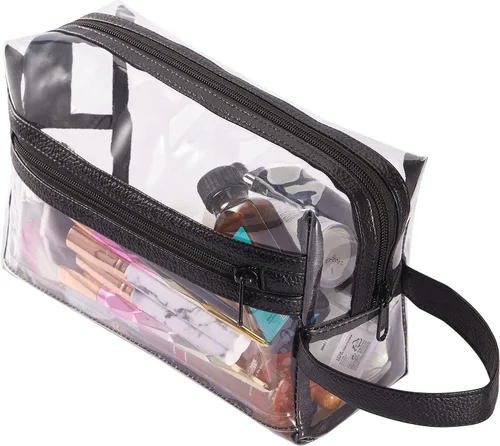 Vista 3 de Neceser de aseo transparente, para maquillaje, productos de afeitar, cosméticos, resistente, impermeable, con cierre y asa para viajes, Negro)