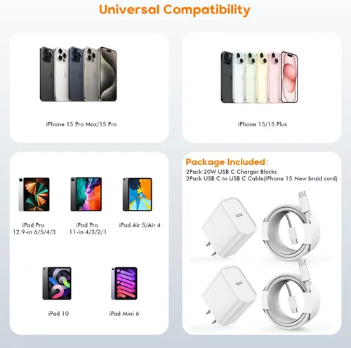 Vista 6 de Carga para iPhone 16/15, carga rápida iPhone 16/15, paquete de 2 adaptadores de carga de pared tipo C, bloque de carga USB C, cable tejido USB-C a C