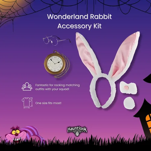 Vista 2 de Wonderland - Kit de accesorios de conejo – Lindo tocado con orejas de conejo blanco, nariz peluda, pin en la cola, reloj de bolsillo y gafas