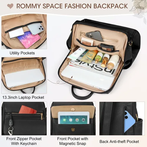 Vista 4 de NUBILY Mochila de cuero antirrobo para mujer, mochila de viaje, impermeable, casual, mochilas de moda, Negro -, Moda