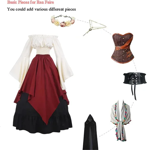Vista 6 de CR ROLECOS Disfraz renacentista para mujer, vestido medieval campesino, manga trompeta, camisa y falda victoriana