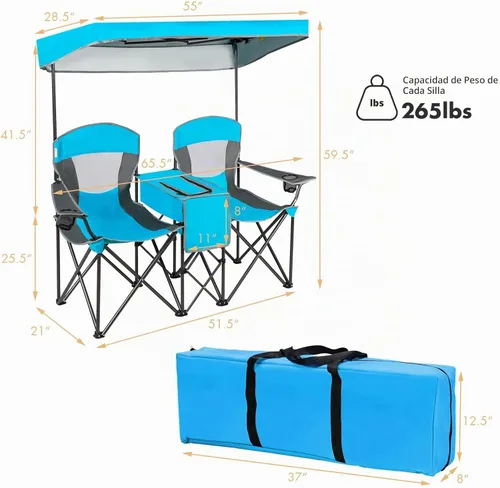Vista 2 de DORTALA Silla de camping doble con toldo, silla de playa plegable para 2 personas con toldo para dosel, soporte para bebidas y bolsa de Azul