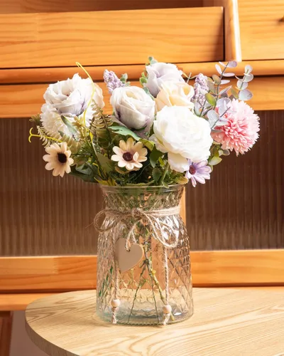 Vista 4 de Flores artificiales con jarrón, flores de peonía de seda sintética para decoración del hogar, flores artificiales con jarrón para decoración de mesa