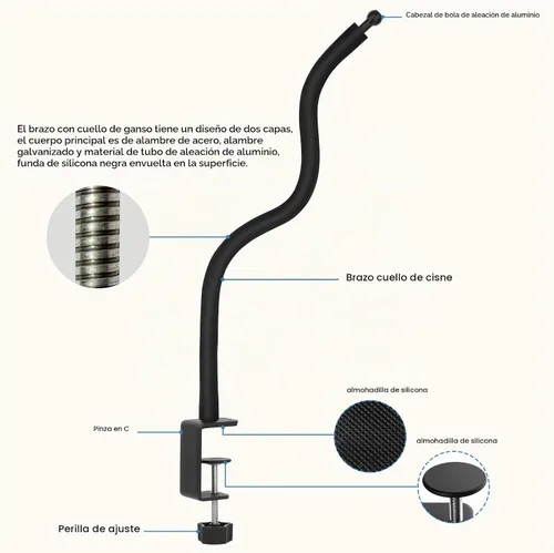 Vista 2 de Soporte para iPad de cuello de cisne, soporte de abrazadera para tableta, escritorio, mesa, cama, silla, atril, brazo ajustable de 360° para cocina