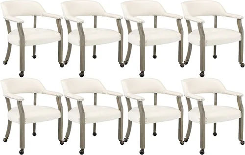 Vista 30 de LEEMTORIG Juego de 2 sillas de comedor con ruedas y brazo, sillas de comedor grandes con ruedas, silla de mesa de póquer de madera maciza, 26
