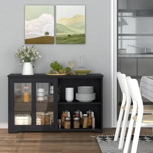 Vista 7 de COSTWAY Aparador de buffet con almacenamiento, armario de piso de 2 puertas con gabinete deslizante de vidrio templado y estante ajustable, armario