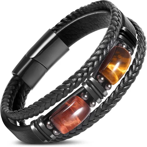 Vista 9 de Pulsera de cuero negro de ojo de tigre para hombre, piedra preciosa de ojo de tigre natural, joyería hecha a mano, pulsera de protección